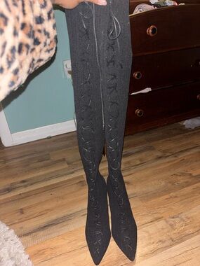 Black Lace-Up Over-the-Knee Pointed Toe Boots